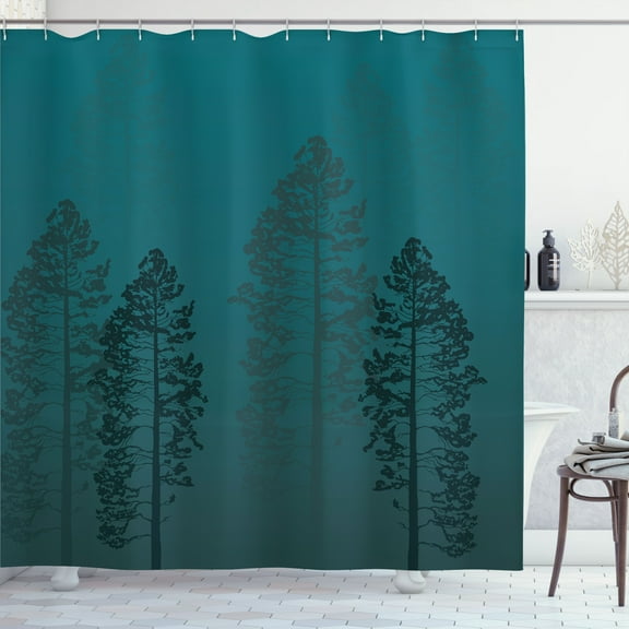 Ambesonne Country Shower Curtain, Pine Trees Woodland Ombre, 69"Wx70"L, Dark Teal