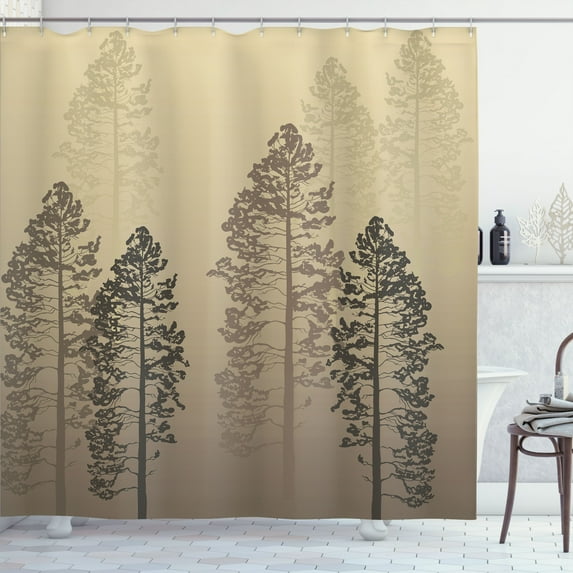 Ambesonne Country Shower Curtain, Pine Trees Woodland Ombre, 69"Wx84"L, Pale Camel
