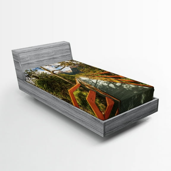 Ambesonne Countryside Fitted Sheet, Boardwalk Forest Hiking, Twin Size, Orange Green Brown