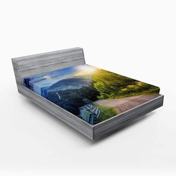 Ambesonne Countryside Fitted Sheet, Moon and Sun View, Full Size, Green Blue