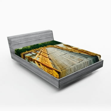Ambesonne Countryside Fitted Sheet, Timber Bridge Traveling, Queen Size, Mustard Tan Green