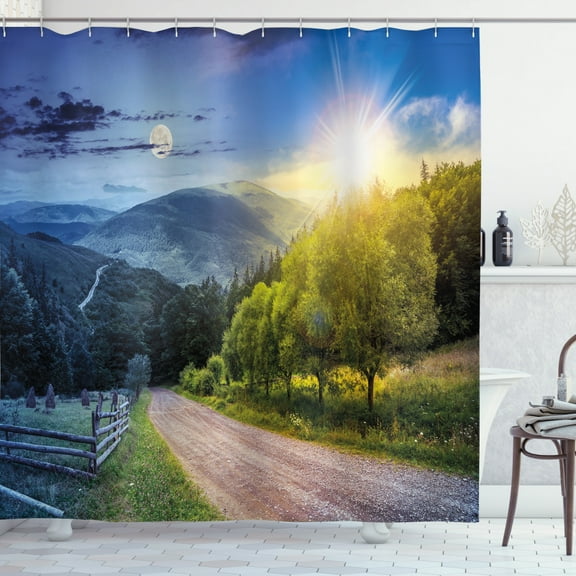 Ambesonne Countryside Shower Curtain, Moon and Sun View, 69"Wx70"L, Green Blue