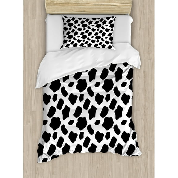 Ambesonne Cow Print Duvet Cover Set, Cow Skin with Spots, Twin, White Black