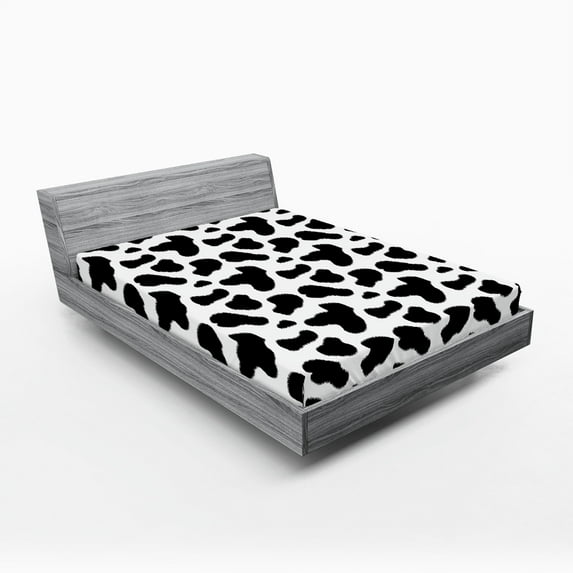 Ambesonne Cow Print Fitted Sheet 2 Pcs Set, Cow Hide Black Spots, California King, Charcoal Grey White