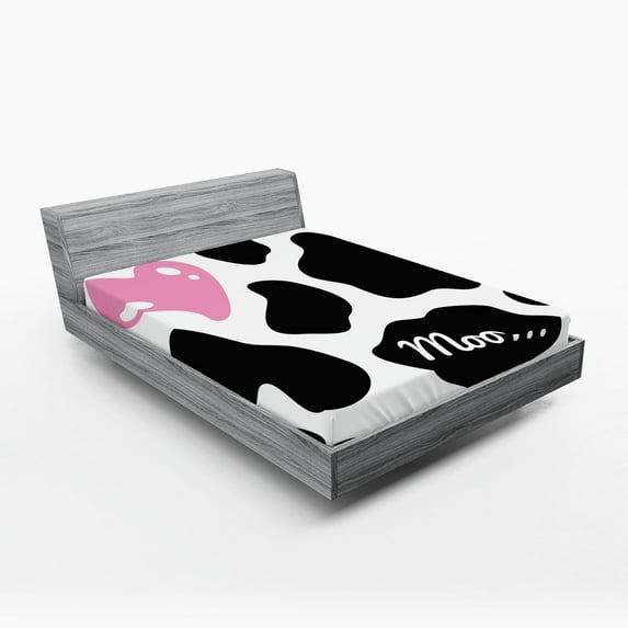 Ambesonne Cow Print Fitted Sheet, Camouflage Pattern, California King, Pink Black White