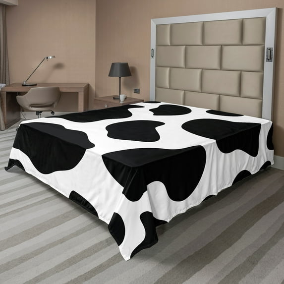 Ambesonne Cow Print Flat Sheet, White Cow Hide Barn, California King, Black White