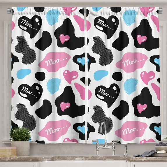 Ambesonne Cow Print Kitchen Curtains, Cow Hide Heart, 55"x45", Pale Pink Black White