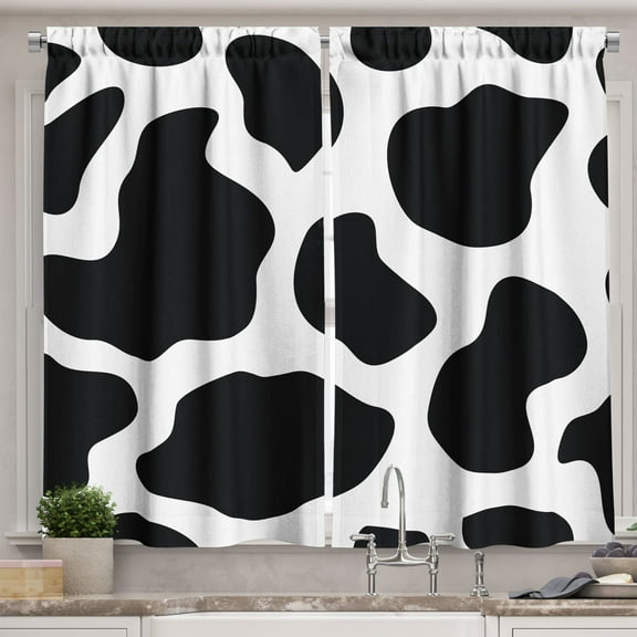 Ambesonne Cow Print Kitchen Curtains, White Cow Hide Barn, 55"x39", Black White