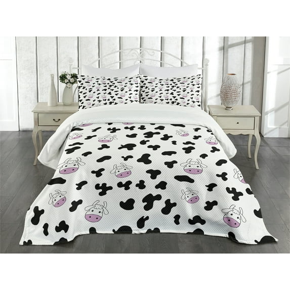 Ambesonne Cow Print Quilted Bedspread Set 3 Pcs, Animal Hide Design, King Size, Black White Lilac