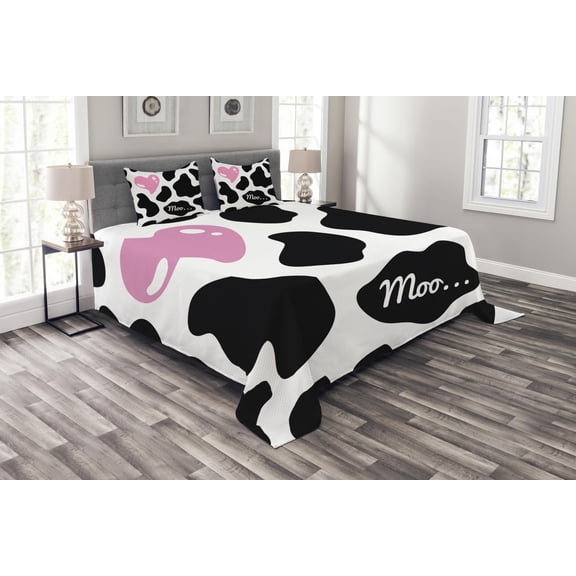 Ambesonne Cow Print Quilted Bedspread Set 3 Pcs, Camouflage Pattern, Queen Size, Pink Black White