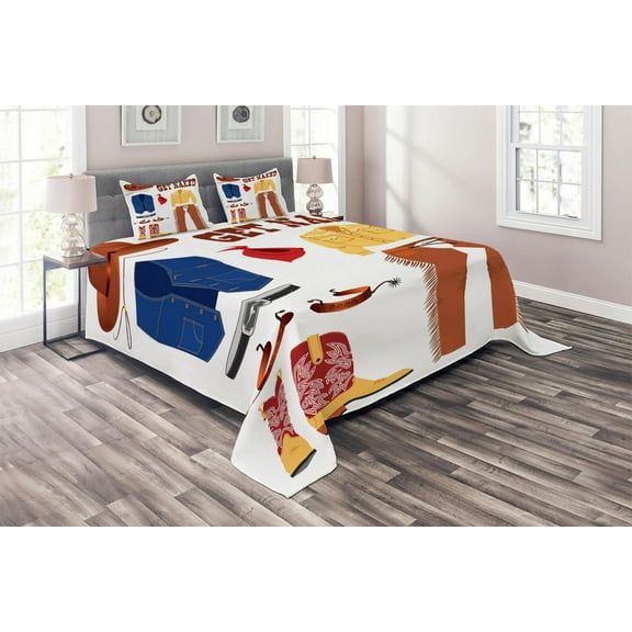 Ambesonne Cowboy Quilted Coverlet 3 Pcs, Classic Country Clothes, Queen Size, Multicolor