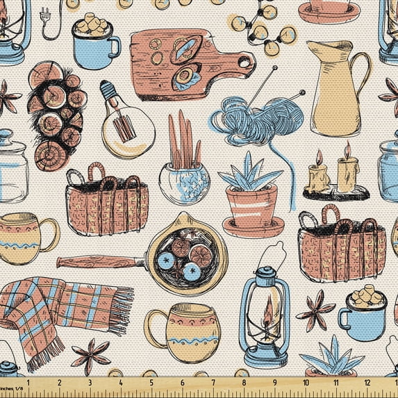 Ambesonne Cozy Fabric by the Yard Upholstery, Sketchy Rural Life Hygge Calm, 10 Yards, Coral Peach and Blue