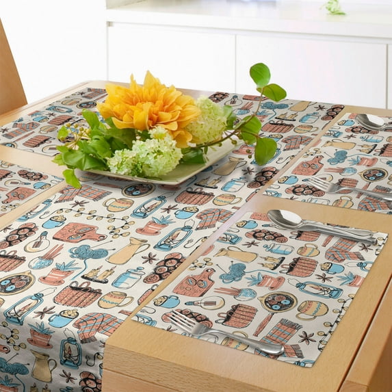 Ambesonne Cozy Table Runner & Placemats, Sketchy Rural Life Hygge Calm, Placemat 4 pcs + Runner 12"x72", Coral Peach and Blue