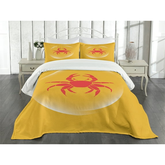 Ambesonne Crabs Quilted Bedspread Set 3 Pcs, Bubble Seafood, Queen Size, Dark Coral Marigold