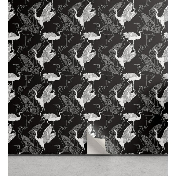 Ambesonne Crane Peel & Stick Wallpaper for Home, Bird Pattern, 13"x100", Black and White