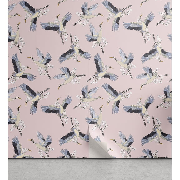 Ambesonne Crane Peel & Stick Wallpaper for Home, Flying Japan Birds Anime Vibe, 13"x36", Rose Ceil Blue Cream