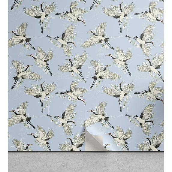 Ambesonne Crane Peel & Stick Wallpaper for Home, Vintage Melancholia Birds, 13"x36", Soft Blue Cream Grey