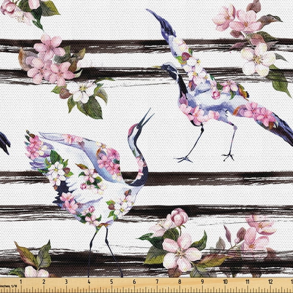 Ambesonne Crane Print Fabric by the Yard Upholstery, Modern Birds Blooms Art, 5 Yards, Fern Green Pale Pink
