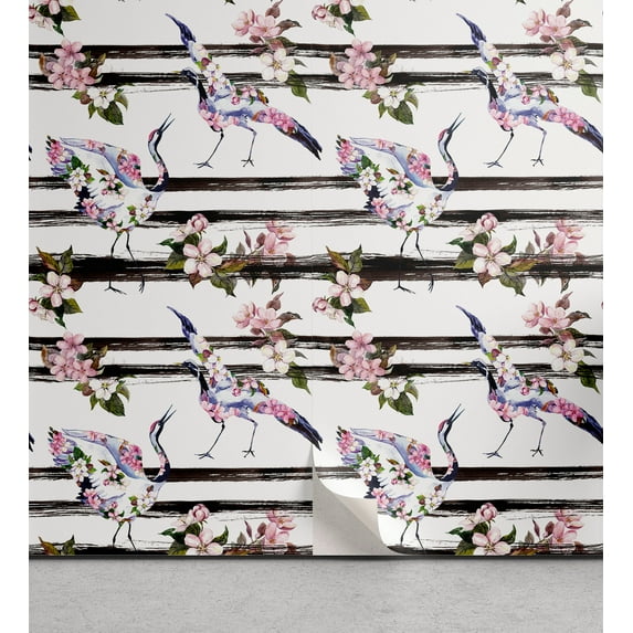 Ambesonne Crane Print Peel & Stick Wallpaper for Home, Modern Birds Blooms Art, 13"x72", Fern Green Pale Pink
