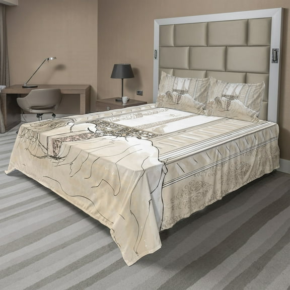 Ambesonne Cream Fitted & Top Sheet Set with Shams, View of Eiffiel Tower, Cream