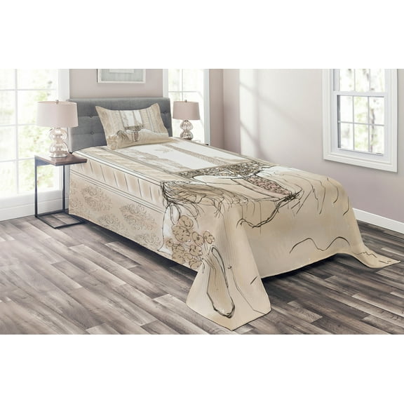 Ambesonne Cream Quilted Coverlet 2 Pcs, View of Eiffiel Tower, Twin Size, Cream