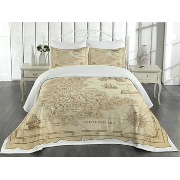 Ambesonne Cream Quilted Coverlet 3 Pcs, Antique Treasure, King Size, Cream