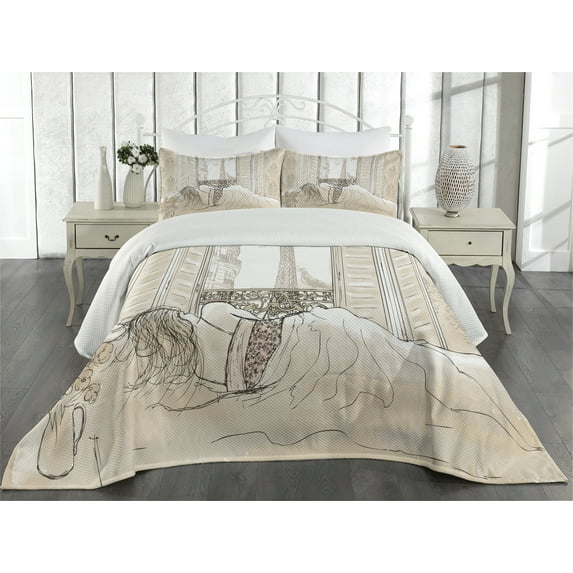 Ambesonne Cream Quilted Coverlet 3 Pcs, View of Eiffiel Tower, King Size, Cream