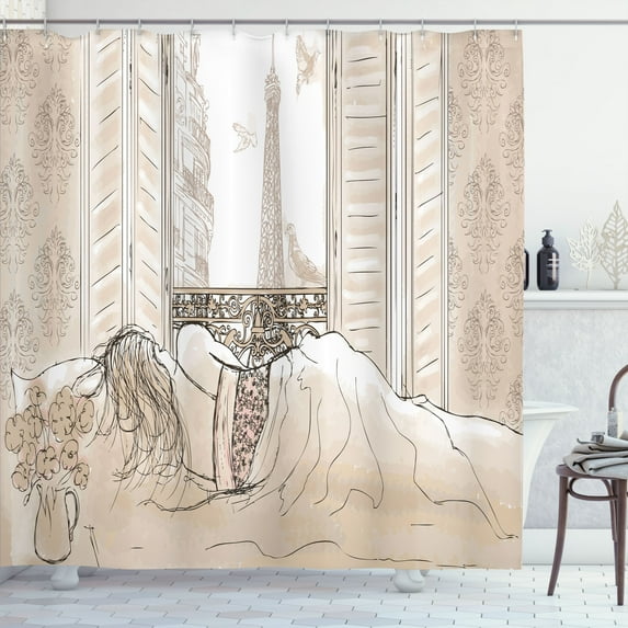 Ambesonne Cream Shower Curtain, View of Eiffiel Tower, 69"Wx75"L, Cream