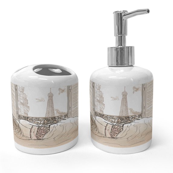 Ambesonne Cream Soap Dispenser & Toothbrush Holder Set, View of Eiffiel Tower, 2 Pcs, Cream