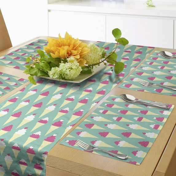 Ambesonne Cream and White Table Runner & Placemats, Ice Cream Topping, Placemat 4 pcs + Runner 12"x72", Seafoam Cream and Pink