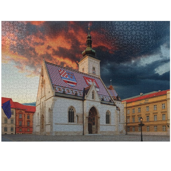 Ambesonne Croatia Jigsaw Puzzle Durable Cardboard, Building in Zagreb, 1000 pcs, Multicolor