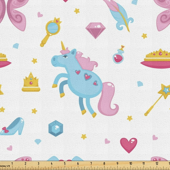 Ambesonne Crown Fabric by the Yard Upholstery, Magic Stars Hearts and Shoes, 1 Yard, Blue Pink and Earth Yellow