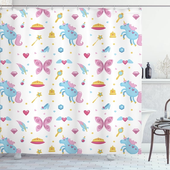 Ambesonne Crown Shower Curtain, Magic Stars Hearts and Shoes, 69"Wx75"L, Blue Pink and Earth Yellow