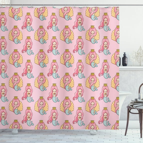 Ambesonne Crown Shower Curtain, Queen Mermaids and Shells, 69"Wx75"L, Pale Pink Multicolor