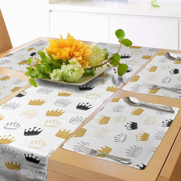Ambesonne Crown Table Runner & Placemats, Emperor Accessories Kingdom, Placemat 4 pcs + Runner 12"x90", Dark Mustard and Dark Grey