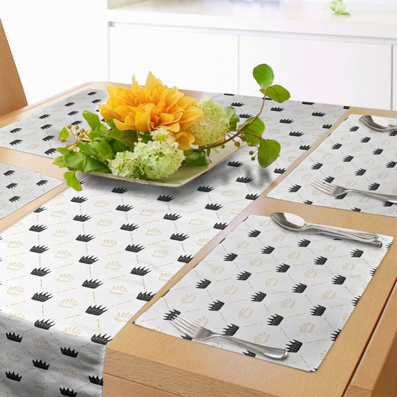 Ambesonne Crown Table Runner & Placemats, Ornate Connected Headwear, Placemat 4 pcs + Runner 16"x90", Charcoal Grey and Pale Camel