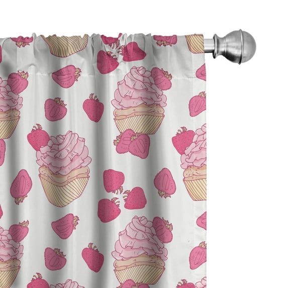 Ambesonne Cupcake Window Curtains, Doodle Style Strawberry, Each 28" W x 84" L, Pale Pink Peach Pink