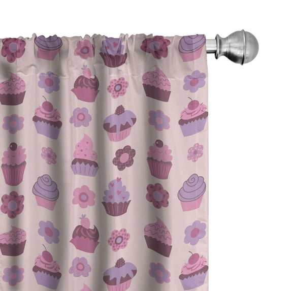 Ambesonne Cupcake Window Curtains, Tasty Bakery Flowers Art, Each 28" W x 63" L, Pearl Pale Fuchsia