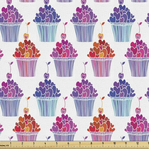 Ambesonne Cupcake Fabric by the Yard Upholstery, Baked Goodies Love, 10 Yards, Fuchsia Purple