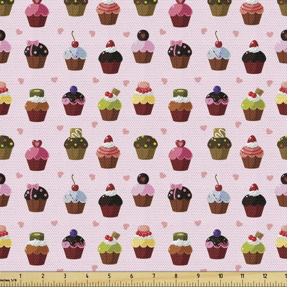 Ambesonne Cupcake Fabric by the Yard Upholstery, Colorful Yummy Cupcakes, 10 Yards, Multicolor