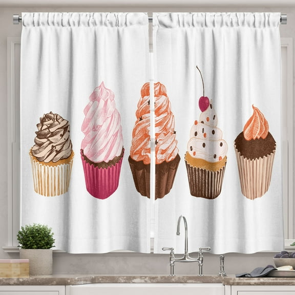 Ambesonne Cupcake Kitchen Curtains, Cakes with Frosting Topping, 55"x39", Multicolor