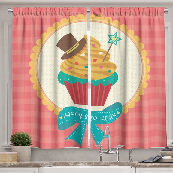 Ambesonne Cupcake Kitchen Curtains, Happy Birthday Calligraphy, 55"x39", Multicolor