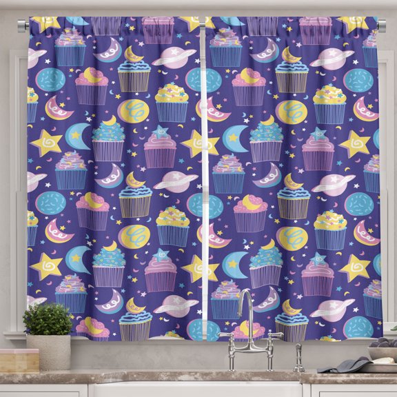 Ambesonne Cupcake Kitchen Curtains, Whipped Cream Cake Moon, 55"x45", Dark Lavender Multicolor
