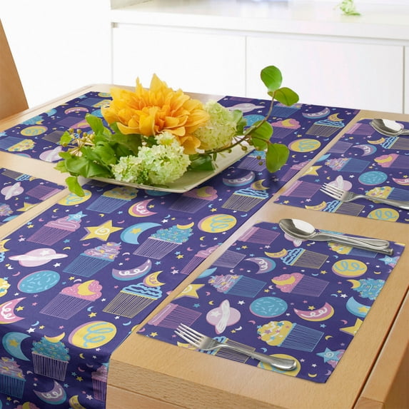 Ambesonne Cupcake Table Runner & Placemats, Whipped Cream Cake Moon, Placemat 4 pcs + Runner 16"x72", Dark Lavender Multicolor