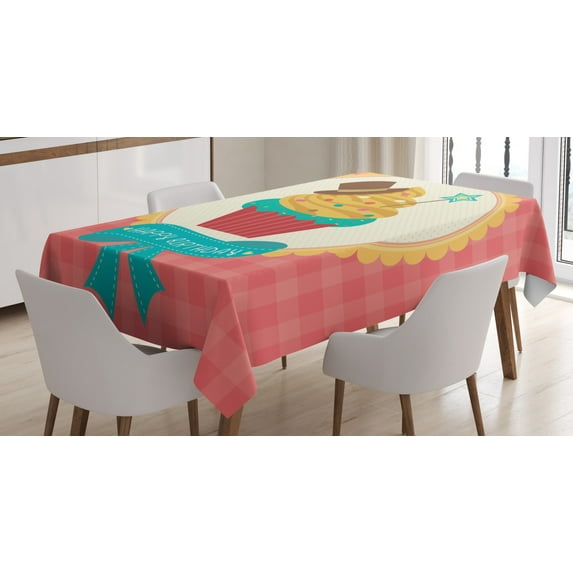 Ambesonne Cupcake Tablecloth Rectangular Table Cover, Happy Birthday Calligraphy, 52"x70", Multicolor