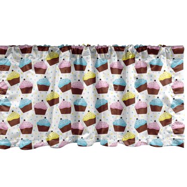 Ambesonne Cupcake Window Valance, Celebration Cakes on Polka Dots with Various Flavored Toppings and Pinky Icing, Curtain Valance for Kitchen Bedroom Decor with Rod Pocket, 54" X 18", Multicolor