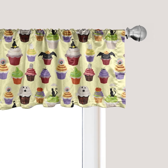 Ambesonne Cupcake Window Valance, Halloween Themed Delicious Scary with Cat Bat Ghost Frosting Holiday Season Cakes, Curtain Valance for Kitchen Bedroom Decor with Rod Pocket, 54" X 12", Multicolor