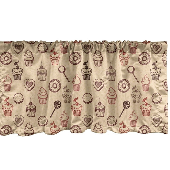 Ambesonne Cupcake Window Valance, Pastry Sweets Donuts Muffins Cookies Biscuit Vintage Classic Tea Time, Curtain Valance for Kitchen Bedroom Decor with Rod Pocket, 54" X 18", Beige Coral Burgundy