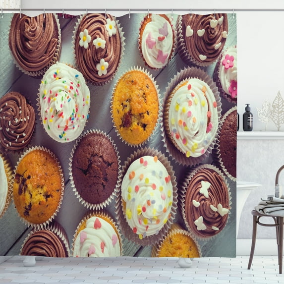 Ambesonne Cupcakes Shower Curtain, Delicious Creamy Muffins, 69"Wx84"L, Pale Redwood and Multicolor