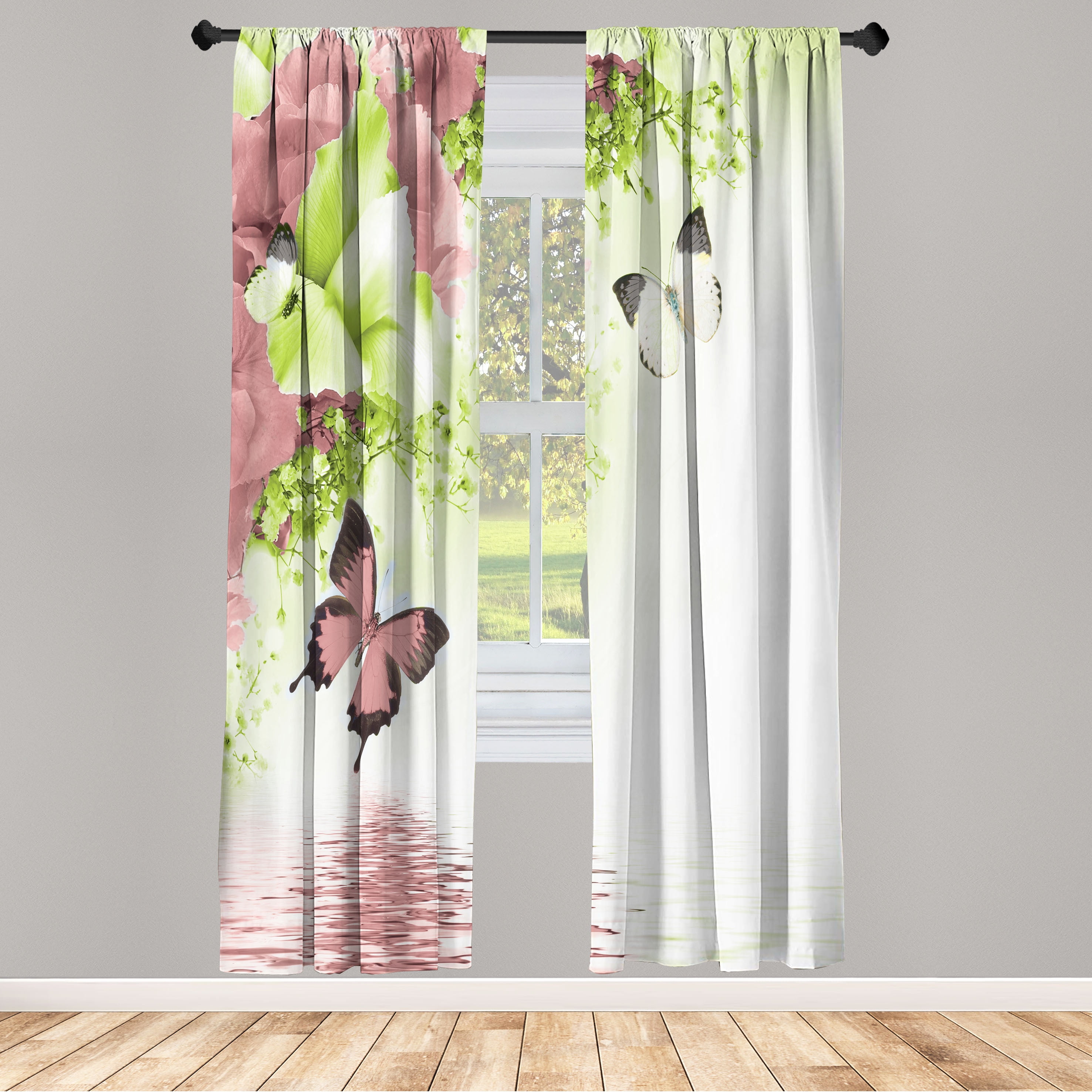 Coral and Yellow Green Floral Microfiber Rod Pocket Curtain Panels